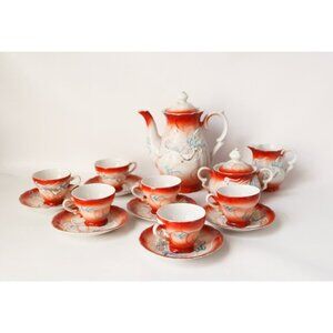 Vintage Moriage Dragon Ware Teapot Sugar Bowl Creamer 6 Demi Tasse Cups & Saucer